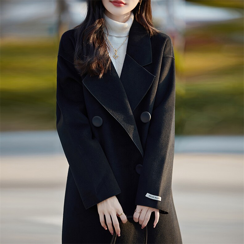 时尚气质女士双排扣长款大衣经典黑色显瘦百搭外套,女装毛呢外套,佳绒高端店