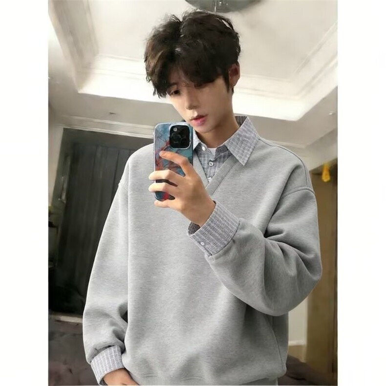 现货足春季假两件拼接翻领卫衣男V02/P45，男装卫衣，星座205-3