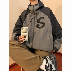 美式机能连帽冲锋衣男冬季日系复古拼接撞色潮牌刺绣夹克W6672P60，男装夹克，星座1116-2