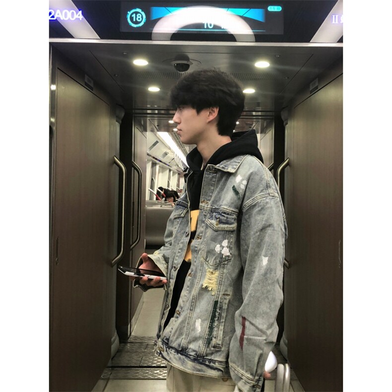 【有货】美式复古泼墨涂鸦破洞牛仔外套男款工装夹克J61LL-特P72,男装夹克,星座1007（原301D）