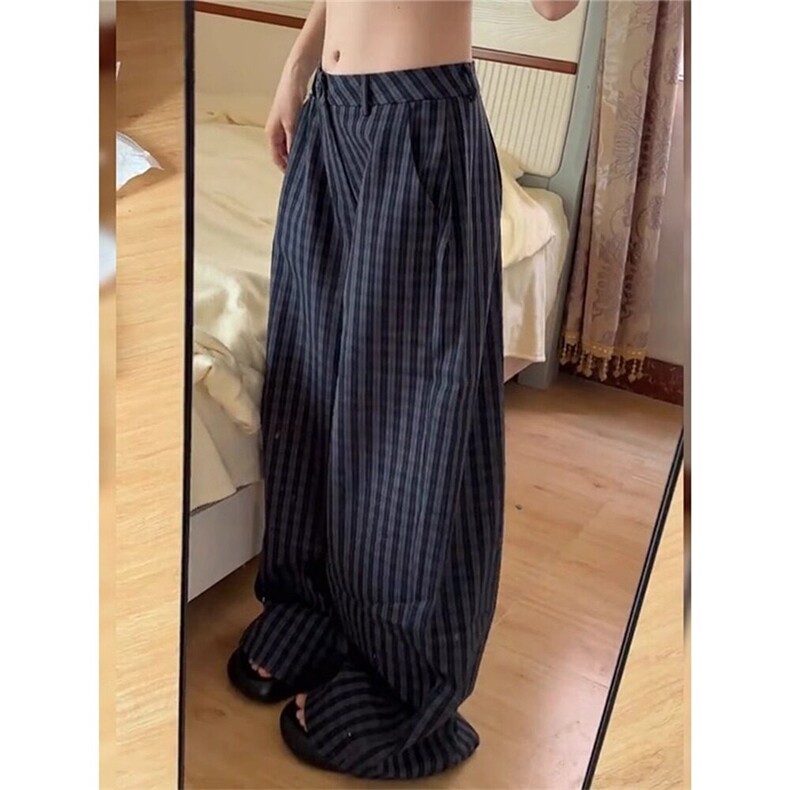 美式复古藏青蓝色格子休闲裤ins潮小众设计感垂感宽松阔腿运动裤，女装休闲裤，星座601-1