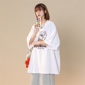 港风 2026夏季新品奶茶印花圆领休闲七分袖短袖--T1094 P25--控38图片