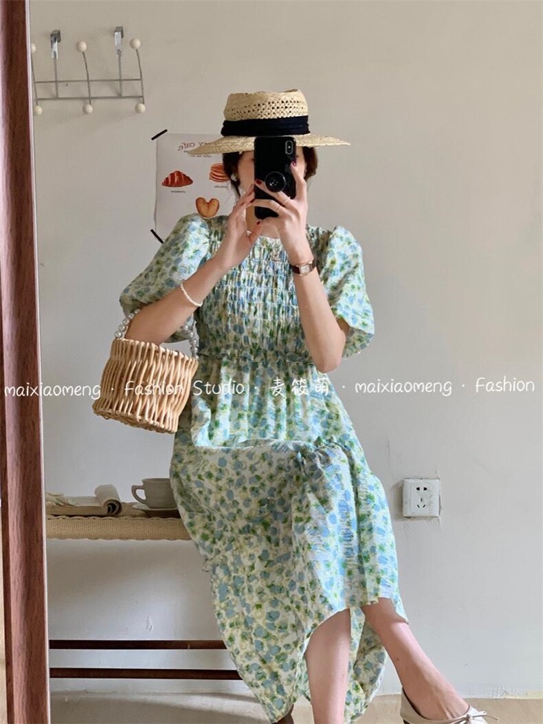 韩版碎花长款连衣裙，女装连衣裙，麦筱萌