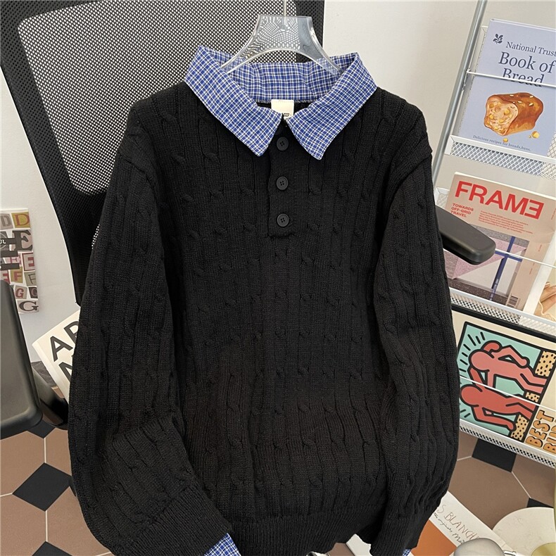 美式假两件拼接麻花针织毛衣男宽松老钱风百搭上衣MY442P62，男装针织衫/毛衣，星座1013-5