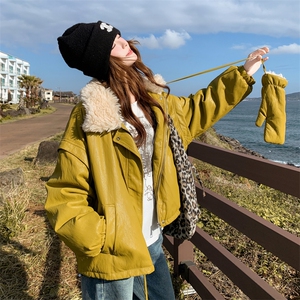 韩系羊羔毛拼接羽绒服女2025年冬季新款设计感宽松白鸭绒显瘦外套图片