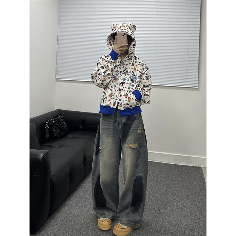 美式涂鸦牛仔裤高街复古宽松阔腿直筒水洗做旧NZ0098特P58,男装牛仔裤,星座908-1