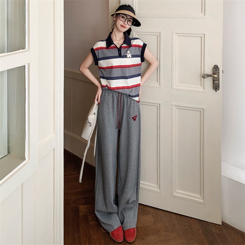 女夏季新款时尚休闲套装高端欧货POLO条纹短袖上衣高腰长裤两件套，女装套装/套裙，江南