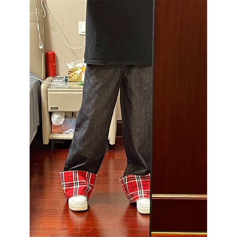 【有货】美式格子拼接卷边牛仔裤男女阔腿裤子高街NZ011HH-特P48,男装牛仔裤,星座1007（原301D）