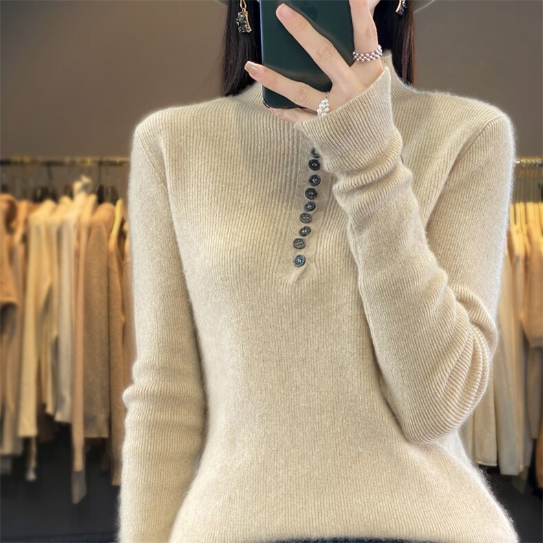 秋冬新款半高领100%纯羊毛衫女修身纽扣气质毛衣百搭羊绒衫打底衫，女装羊毛衫，琳华羊绒