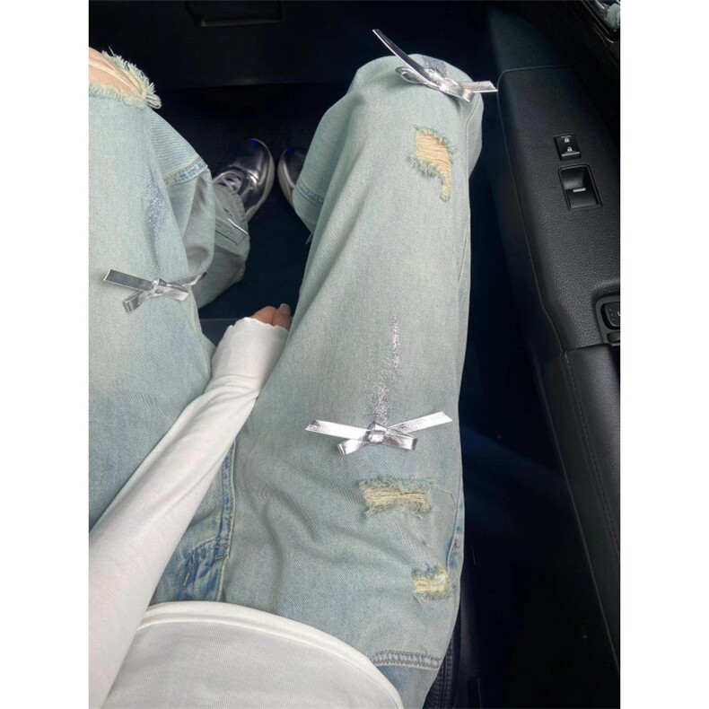 【网图】蝴蝶结设计感破洞牛仔裤女夏季y2k千禧裤子597WW-特P50,男装牛仔裤,星座1007（原301D）