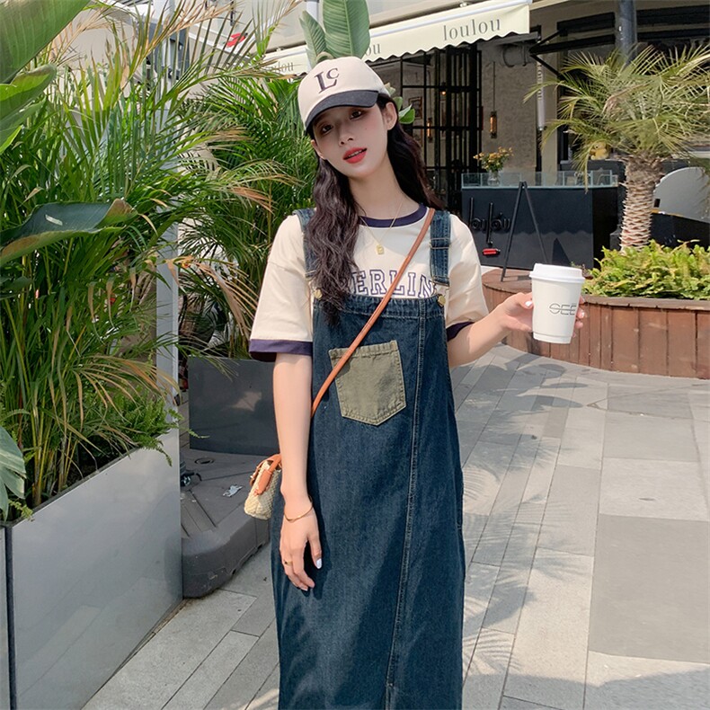 现货夏装新款水洗牛仔背带连衣裙女小个子韩版开叉牛仔裙,女装连衣裙,韩秀
