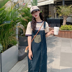 现货夏装新款水洗牛仔背带连衣裙女小个子韩版开叉牛仔裙，女装连衣裙，韩秀