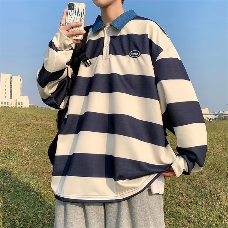 日系条纹Polo领卫衣男秋冬潮牌ins翻领美式情侣装上衣W6377-P38,男装卫衣,星座512-2