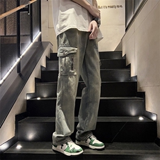 美式高街vibe风复古水洗做旧多口袋牛仔裤男潮牌直筒裤N06027-P50，男装牛仔裤，星座308B-2