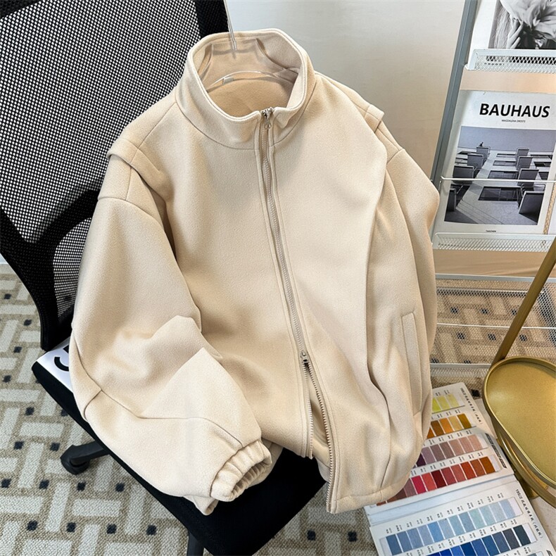 N188/P85秋冬新款褶皱毛呢外套男呢大衣宽松百搭呢料夹克潮上衣,男装夹克,电商基地A050