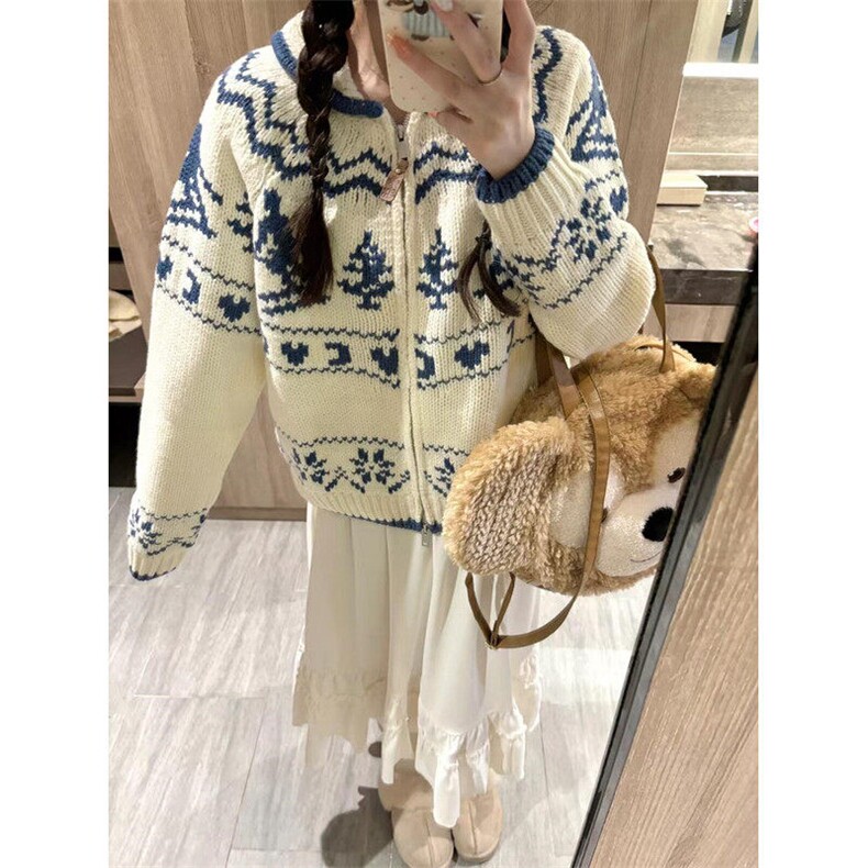 费尔岛圣诞提花毛衣开衫女冬季新款设计感拉链针织衫外套M3303,男装针织衫/毛衣,星座1116A（原606A-3）