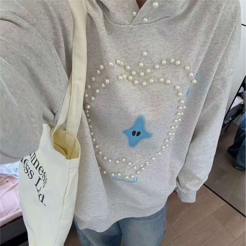 网图 美式高街甜酷个性钉珠连帽卫衣图片