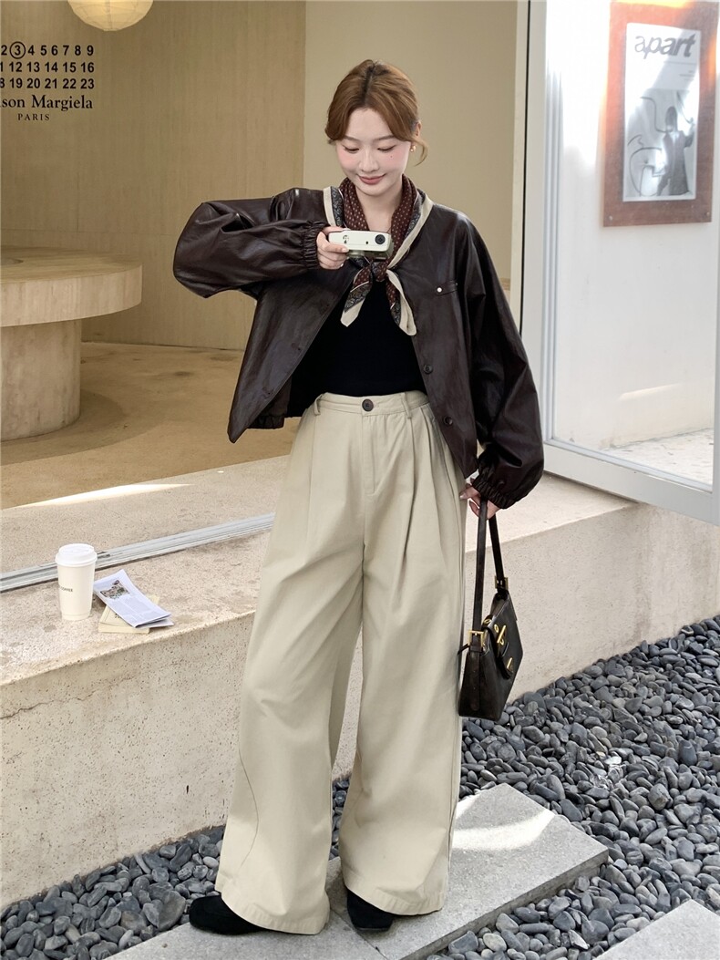 棕色复古美拉德短款皮衣外套女2025秋小个子又酷又飒圆领PU皮夹克,女装皮衣,慧尚2-185