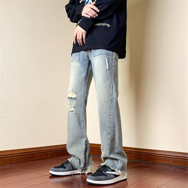 B221美式ins高街小众重工艺毛边拉链破洞牛仔裤LK23016-P65控88,男装牛仔裤,电商B221