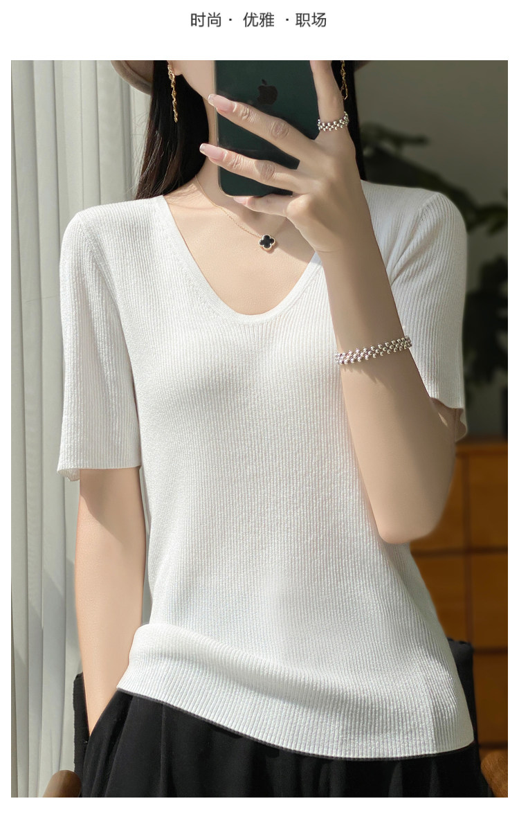 夏季新款精纺针织短袖女撞色条纹Polo领刺绣减龄T恤上衣薄款，女装T恤，九嘉羊绒