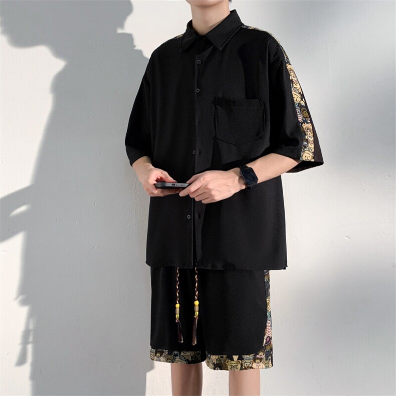 1小熊短袖衬衫男+短裤大码M-5XL套装92%聚酯纤维8%氨纶TZ77058P70,男装牛仔裤,星座226-2