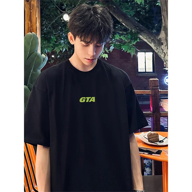 抖音得物供货210克现货宽松纯棉美式潮牌印花落肩袖纯棉T恤AT2125图片