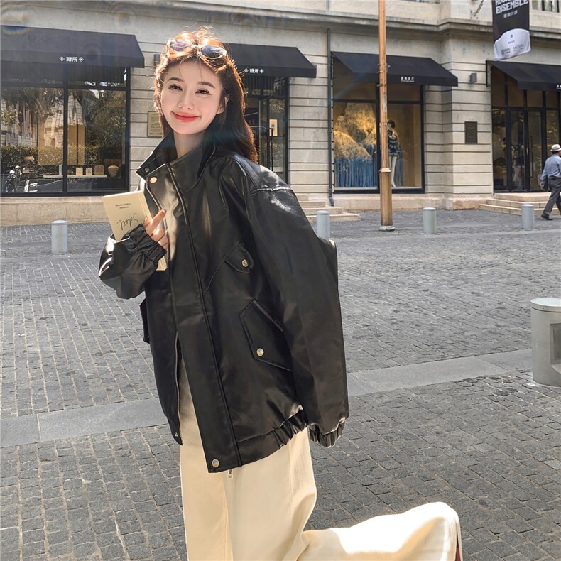 黑色复古机车服皮衣外套女2025秋季新款宽松休闲百搭夹克上衣潮,女装皮衣,2C325