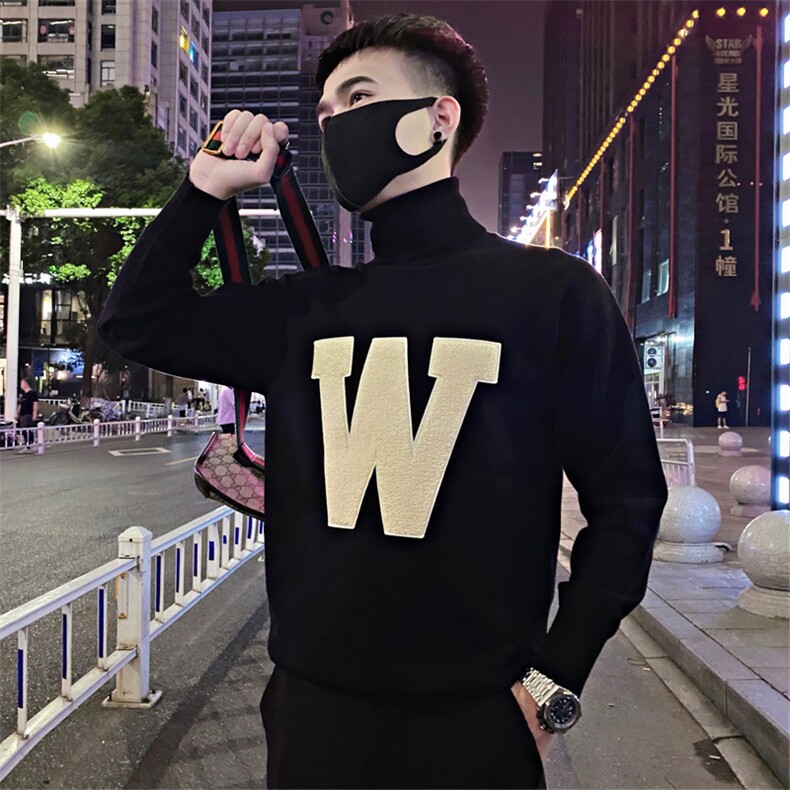 MY56/特P88控118冬季韩版百搭刺绣大字母W高领套头毛衣男黑首1,男装针织衫/毛衣,星座305B