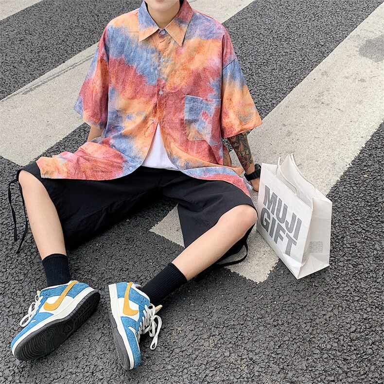 特P29控58 夏季冰丝港风男宽松版扎染短袖衬衫CS11图片