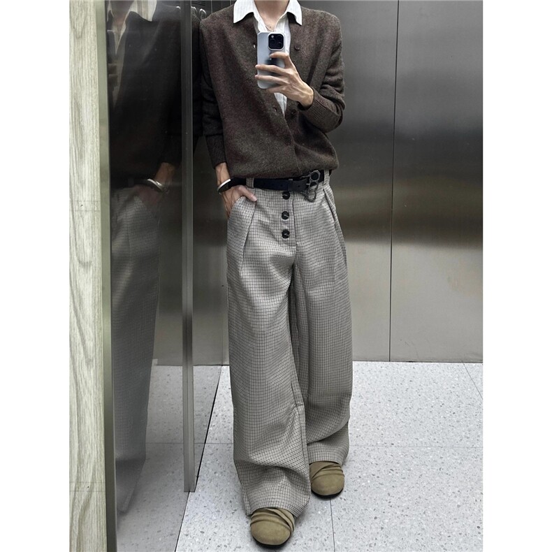 美式复古千鸟格排扣字休闲西裤男女款秋季垂感裤子宽松XK392,男装西裤,星座208-5