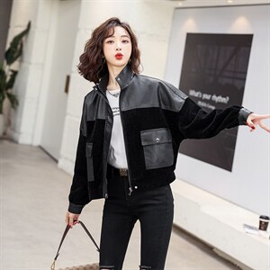 春季秋季短款显瘦muji风嘻哈风立领皮衣拼接女装春秋时尚休闲百搭，女装皮衣，缘衣格