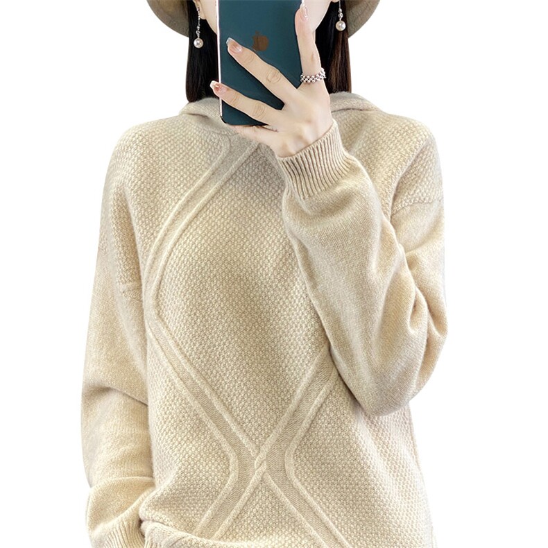 时尚百搭女士羊毛连帽衫修身显瘦大菱形立体花纹毛衣,女装羊毛衫,开创羊绒