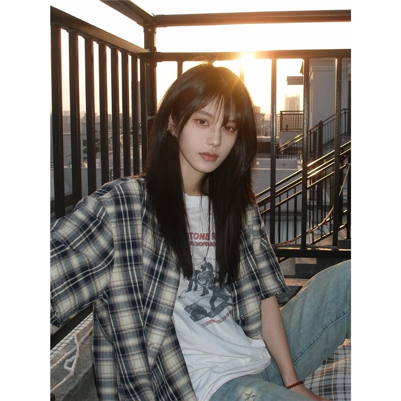 短袖衬衫男夏季新款情侣美式复古格子衬衣女潮,男装T恤,星座506A