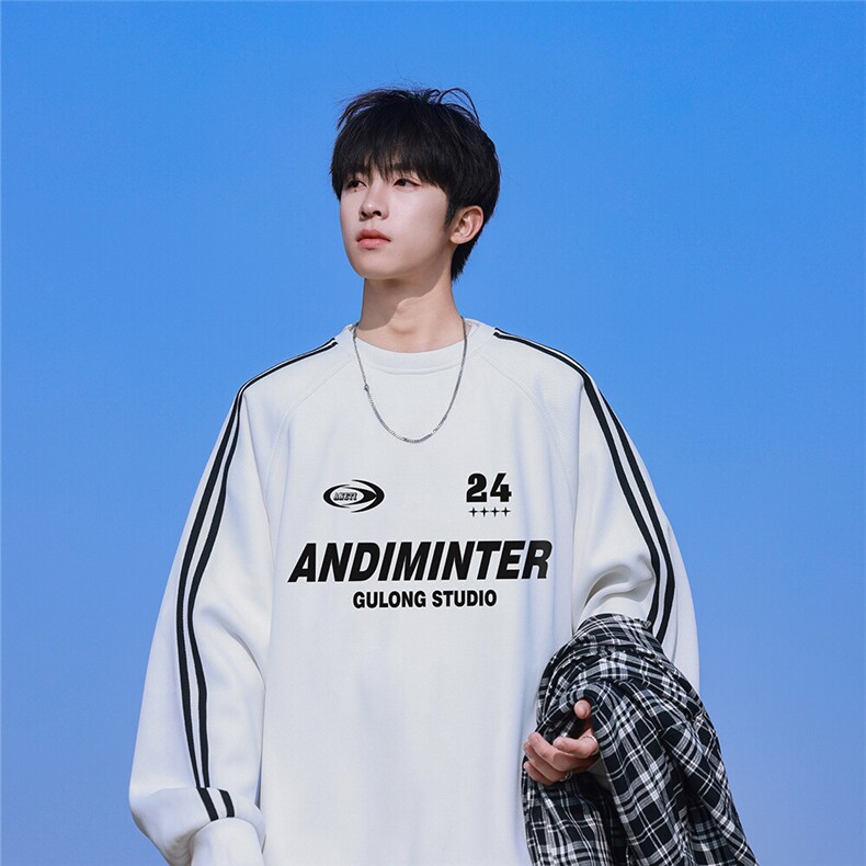 25港风外景320G珠地条纹织带拼接插肩袖圆领卫衣B905P48控68，男装卫衣，电商A247