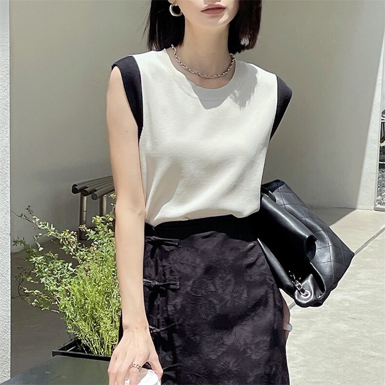 法式气质撞色拼接无袖上衣女夏季设计感小众,女装背心吊带,圣旺供货