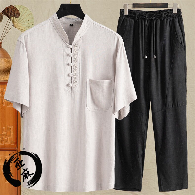 男士唐装中式盘扣短袖衬衫风立体刺绣T恤套装526+1665-P115，男装民族服装，星座1105-3