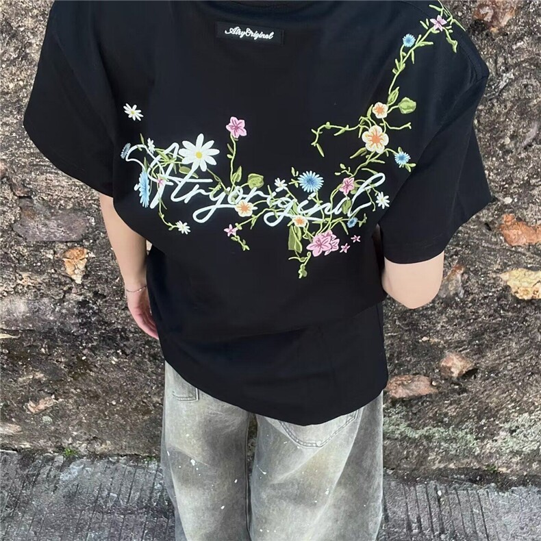 ins刺绣青少年短袖男夏季美式新款重工花体花卉t恤上衣 T1413图片