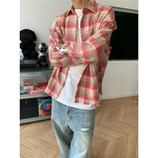 新款港风日系复古格子多巴胺宽松百搭翻领长袖衬衫A9180，男装衬衫，星座1116A-1（原606A）