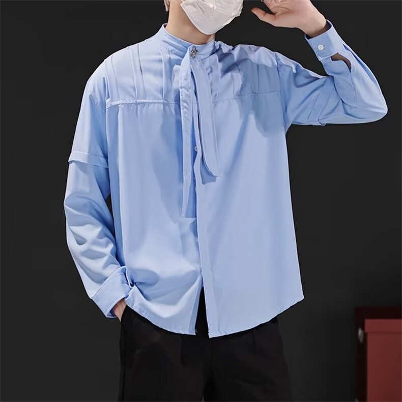 小众解构设计拼接飘带长袖衬衫男肩衬衣潮牌牌痞帅外套C327/P44,男装衬衫,星座506
