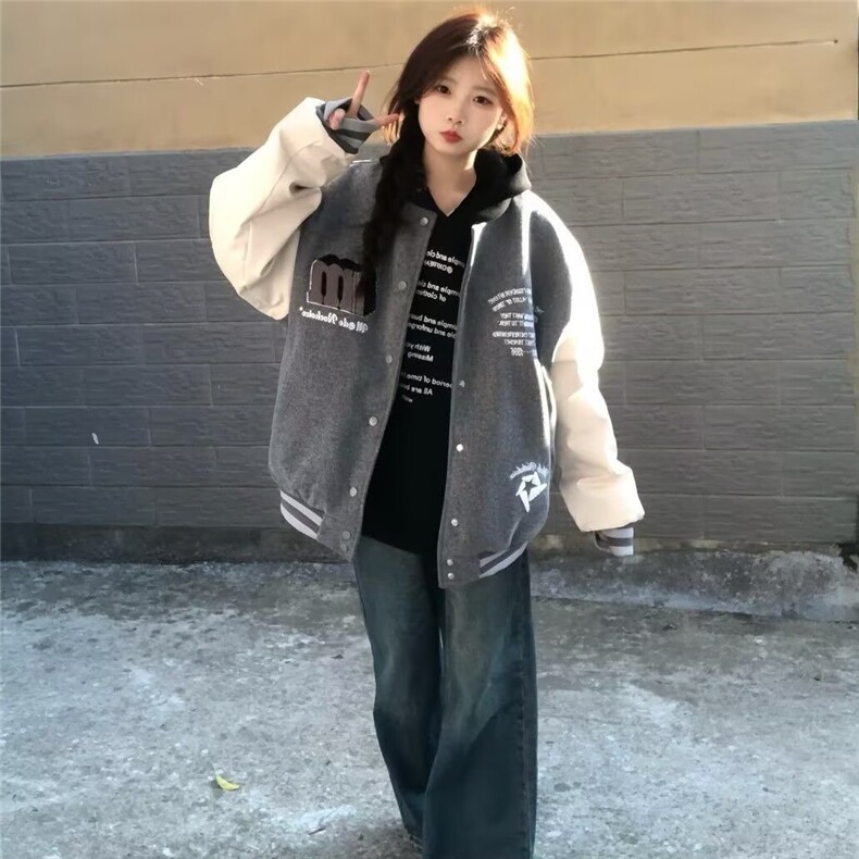 无品牌美式复古R字魔术贴棒球服男女秋冬加厚情侣装夹克外套气质图片