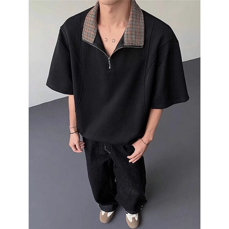 千鸟格拼接短袖polo衫男夏季老钱风重磅t恤高级感五分袖T2506,男装Polo衫,星座1116A（原606A-3）