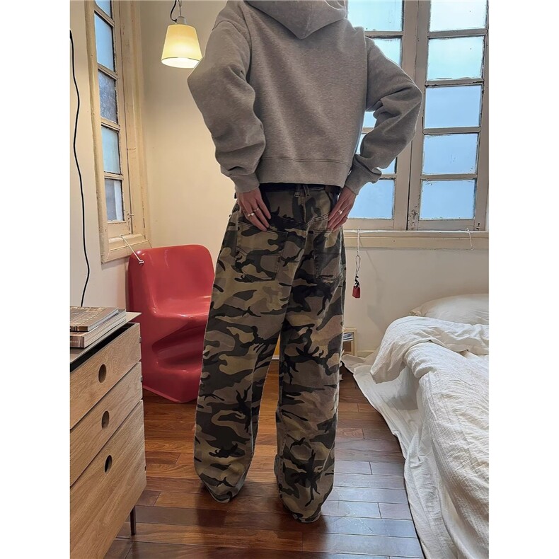 美式复古宽松牛仔工装迷彩裤男女高腰高街直筒拖地阔腿休闲长裤,男装工装外套,星座506A