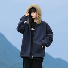 W5876-P75秋冬520克重磅美式复古连帽可拆卸毛领开衫外套控129，女装短外套，星座109