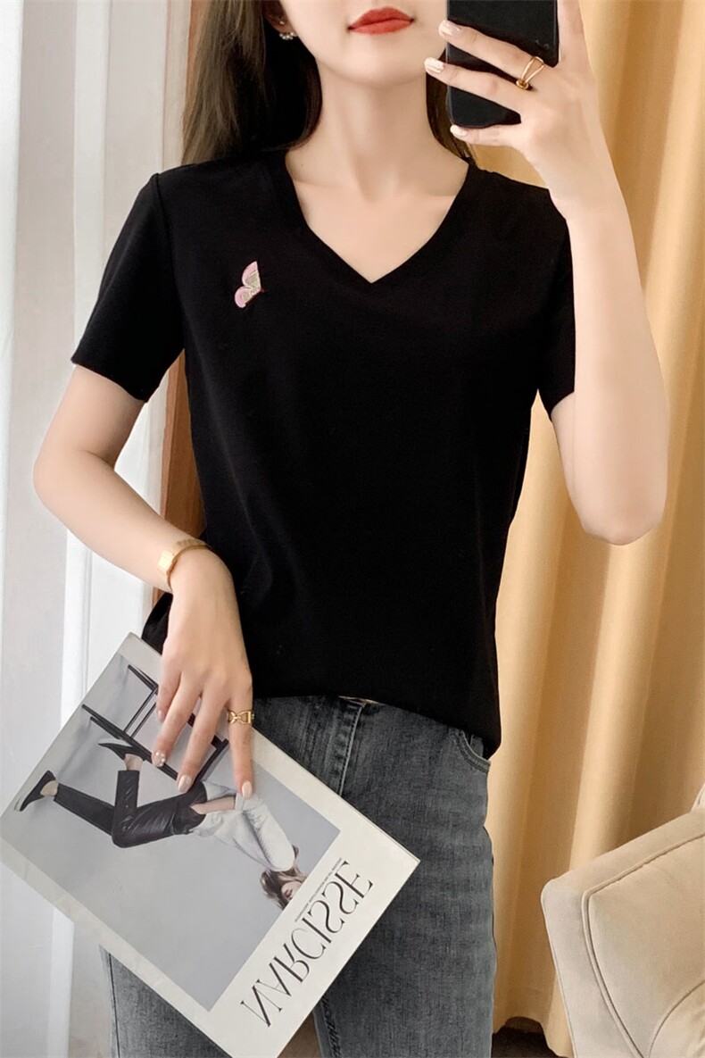 【刺绣款】80支新疆长绒棉丝光棉T恤女V领纯棉短袖纯色打底,女装T恤,元素羊绒