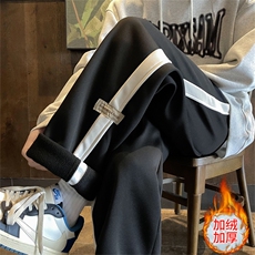 加绒加厚男休闲卫裤条纹拼接贴标直筒休闲长裤h099P40加绒P45，男装休闲裤，星座1013-1