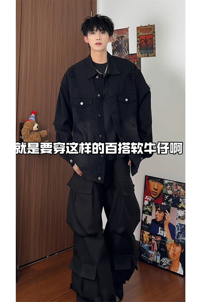 潮牌宽松高街慵懒风牛仔夹克韩版复古时尚破洞牛仔HY481TP60控98,男装夹克,电商A102B