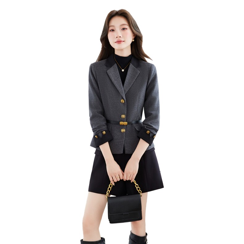 《档口现货》2026秋装新款气质收腰百搭灰色西装小外套配腰带女,女装西装,苗苗