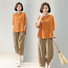 2025夏季新款时尚休闲宽松大码显瘦中年妈妈两件套减龄棉麻套装女，女装套装/套裙，深水步