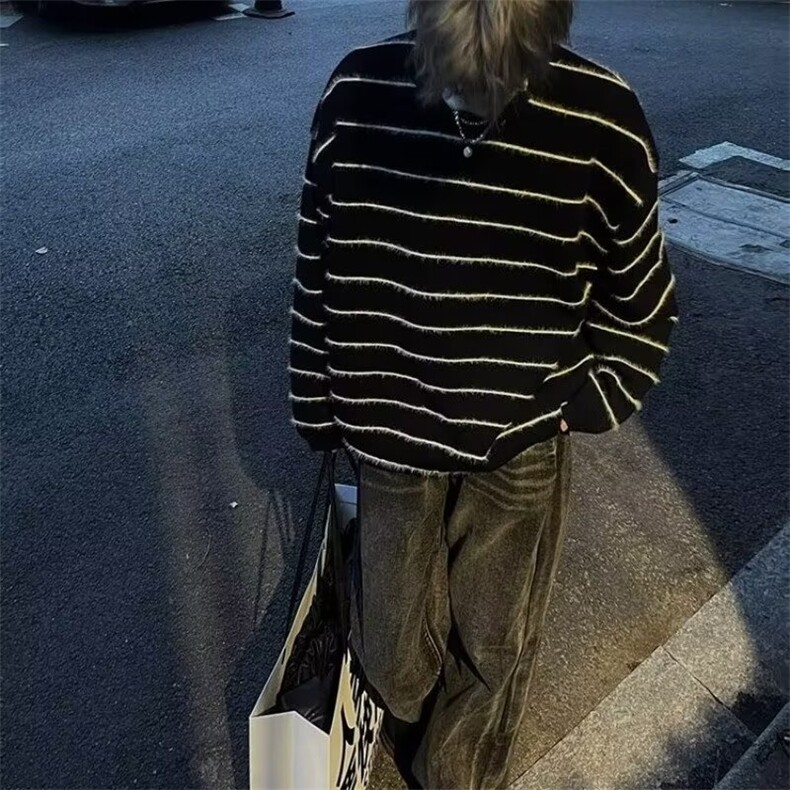 秋冬设计感黑白条纹宽松毛衣男慵懒风针织衫外套网图M569-P45,男装针织衫/毛衣,星座1001-1