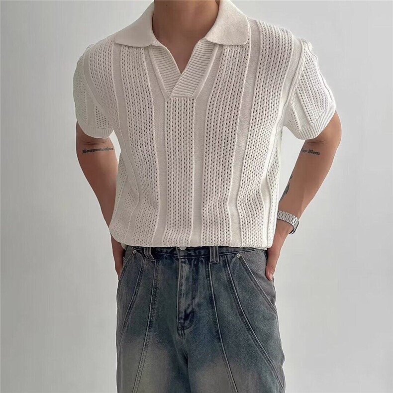 W9664-P38网图现货镂空网眼纹理针织短袖POLO衫T恤夏季轻熟风,男装T恤,星座1608-2
